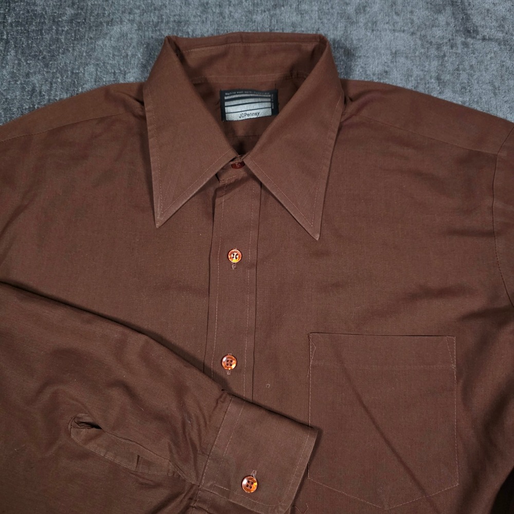 Vintage 70s JCPenney Mens Brown Long Sleeve Dagger Collar Button Up Disco Shirt